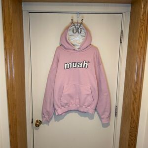 Muah Muah Spell Out Logo Embroidered Hoodie Pink Oversized Korean Unisex Size XL